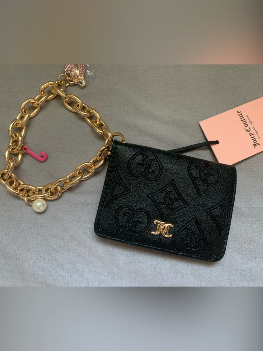 🆕-Juicy Couture Black Embossed Card Case Wristlet With Gold Charm Chain